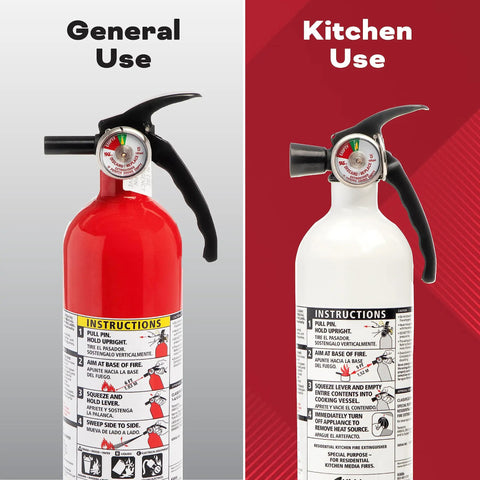Kitchen Fire Extinguishers 2 Pack For Home And Office With One 1A10BC And One Specialty Kitchen Extinguisher shown side by side