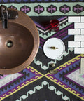 Bell Drop In Handmade Copper Bath Sink With Four Inch Faucet Holes And Overflow on patterned carpet