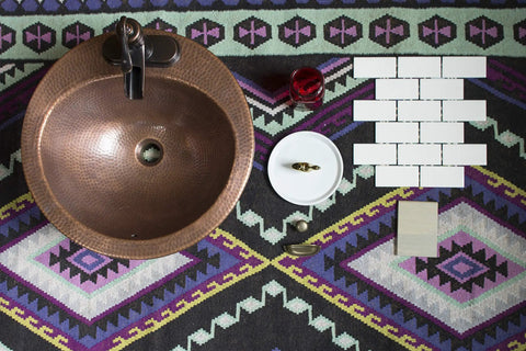 Bell Drop In Handmade Copper Bath Sink With Four Inch Faucet Holes And Overflow on patterned carpet