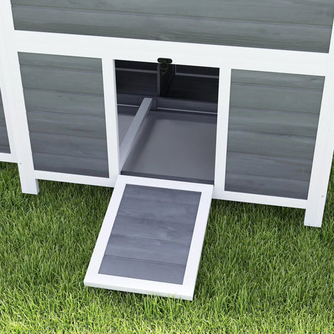 Close-up of Wooden Chicken Coop 39 Inch with Nesting Box and Pull Out Tray, waterproof roof, outdoor hen house for 2 to 4 chickens, light gray.