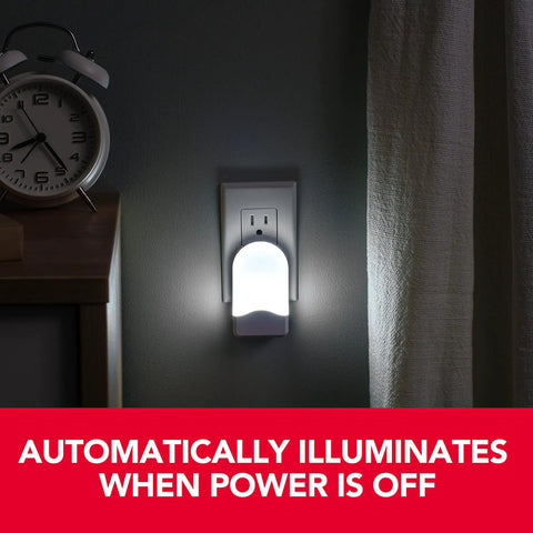 3-in-1 InstaBeam LED Power Failure Night Light illuminating a dark room with a clock nearby.