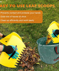 Person using leaf scoops with gloves placing leaves in 16 gallon lawn bag, part of Long Reach Weeding Tool Set With Serrated Double Edged Blade.