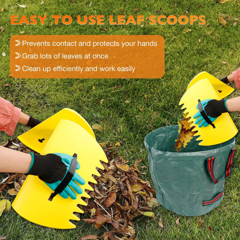 Person using leaf scoops with gloves placing leaves in 16 gallon lawn bag, part of Long Reach Weeding Tool Set With Serrated Double Edged Blade.