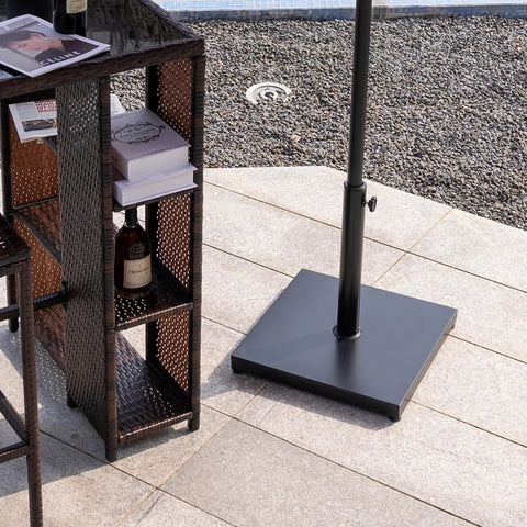Outdoor Umbrella Base 42Lbs With Stainless Steel Tube, Heavy Duty Cement-Filled Square Metal Stand on patio with furniture