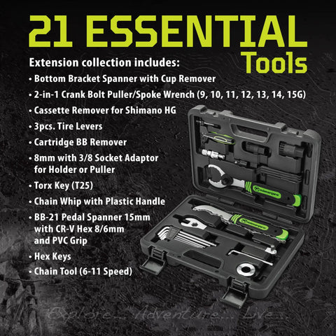 Everyday Ride Ready 21 Piece Bicycle Repair Tool Kit Set with tools in open green case