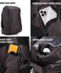 Close-up of Sidecountry 32 Camera Backpack With Modular Top Loader Inserts Black And White showing rain cover, phone and accessory pockets.