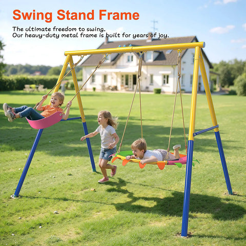 Beefy Heavy Duty Steel Swing Stand For Outdoor Use With 500Lb Capacity shown in backyard with children playing.