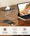 Rustic brown L-shaped desk with built-in power outlets charging tablet and phone, 47 Inch L Shaped Standing Desk With 3 Drawers, Electric Height Adjustable, Built In Power Outlets, 4 Memory Presets, Rustic Brown Home Office Computer Table For Ergonomic Work Setup.
