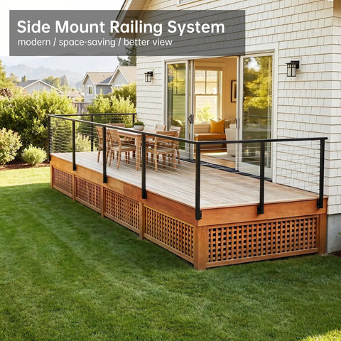 Rock Solid Black Stainless Steel Outer Corner Cable Railing Post For 36 Inch Exterior Deck Systems T304 Metal Fixed Top Bracket showcased on a modern deck.