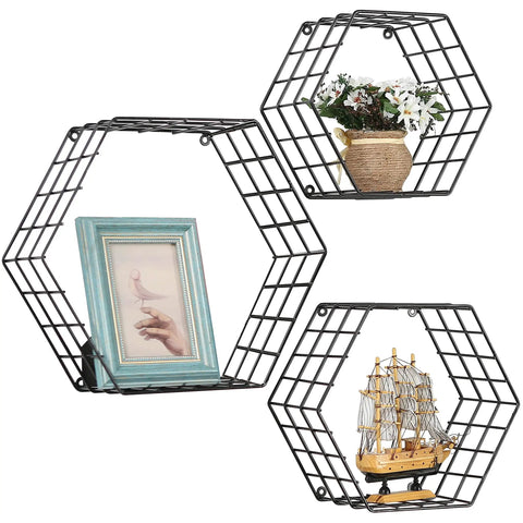 Matte Black Hexagonal Wire Mesh Floating Shelves Set Of 3 Wall Mounted Display Rack For Bedroom Or Office Legit Heavy Duty Storage For Books Plants And Collectibles That Totally Slaps With Modern Vibes