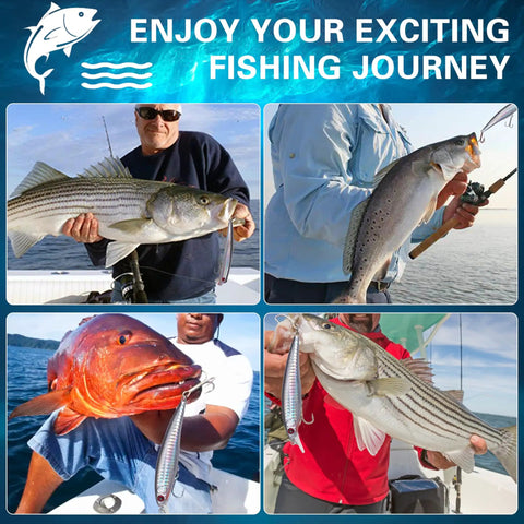 Anglers holding fish caught using Saltwater Surf Fishin Lures Kit 6 Pack Assorted Jerkbaits Minnow Lures Hard Baits