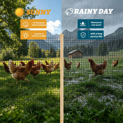 Chickens behind Beefed Up Heavy Duty 19 Gauge Hardware Cloth 48 Inch By 100 Foot Predator Proof Chicken Wire Fence in sunny and rainy weather.
