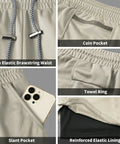 Men's 2 In 1 Running Shorts With Built In Liner Quick Dry Training Gear zip pocket and towel loop details in khaki