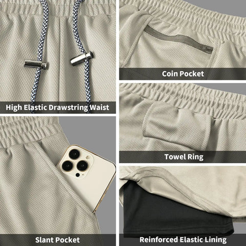 Men's 2 In 1 Running Shorts With Built In Liner Quick Dry Training Gear zip pocket and towel loop details in khaki