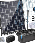 25W Solar Pond Pump With Built In Filter, Adjustable Water Flow, PVC Tubing, showcased with solar panel and nozzles