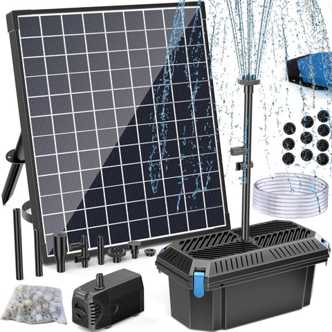 25W Solar Pond Pump With Built In Filter, Adjustable Water Flow, PVC Tubing, showcased with solar panel and nozzles