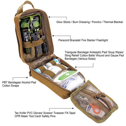 Open 250 Piece Survival First Aid Kit IFAK EMT MOLLE Pouch showing organized medical gear for outdoor adventures