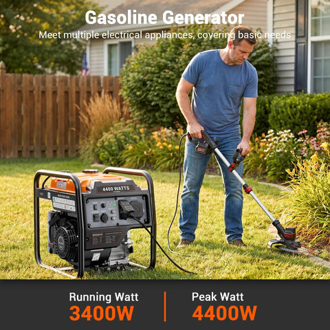 Man using lawn tool powered by Beefy 4400 Watt Open Frame Inverter Generator For Home Backup, RV Ready With 30A Outlet in garden
