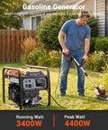 4400 Watt Gas Powered Portable Generator for Home Backup in use powering a gardening tool in a backyard