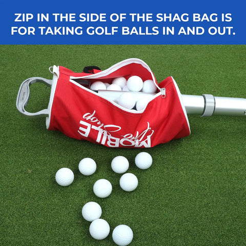 Portable Golf Ball Retriever Shag Bag Kit with detachable aluminum tube, red and black, holds up to 80 balls, open on grass.