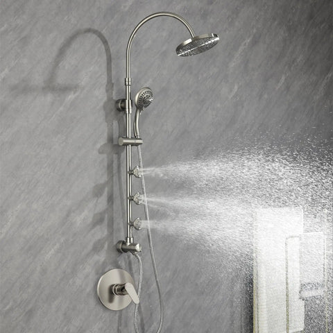 Riviera Shower System With 8-Inch Rain Showerhead, Three Body Sprays, Five-Function Hand Shower, Brushed Nickel Finish