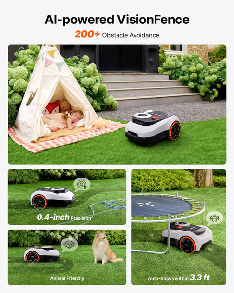 Navimow I215 LiDAR Robot Lawn Mower navigating obstacles, showcasing AI-powered VisionFence and auto mapping on grassy lawn.