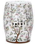 White Ceramic Garden Stool 13 By 18 Inches Modern Contemporary Oriental Handmade Indoor Outdoor Use Cool Patio Decor And Accent Seating For Living Spaces featuring floral design