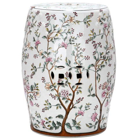 White Ceramic Garden Stool 13 By 18 Inches Modern Contemporary Oriental Handmade Indoor Outdoor Use Cool Patio Decor And Accent Seating For Living Spaces featuring floral design
