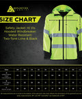 Hi Vis Hooded Windbreaker Safety Jacket With 2 Inch Reflective Tape ANSI Class 2 Compliant size chart, lime and black design.