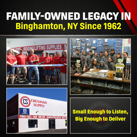 Collage of Chenango Supply store, team, and ribbon-cutting, in Binghamton, NY, showcasing family-owned legacy since 1962.