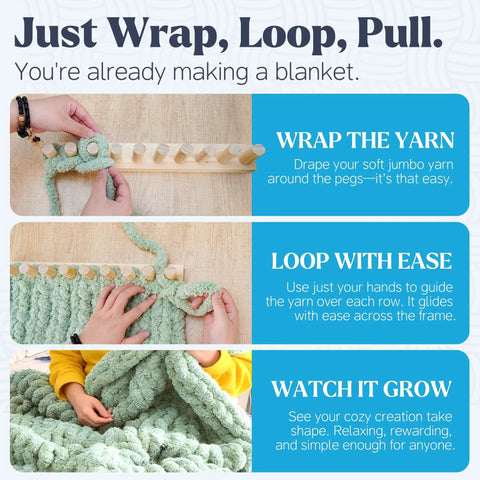 Hands using a 47 Inch Chunky Blanket Loom Adjustable Size For Thick Blankets And Scarves No Needles Required Beginner Friendly.