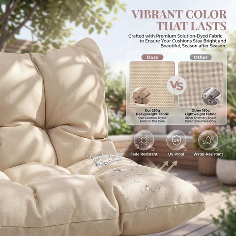 Close-up of beige, water-resistant cushion for Hanging Egg Chair With Stand For Patio And Garden, Boho Wicker Swing Seat