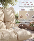 Beige cushioned seat showing water-resistant and fade-resistant fabric features, with comparison chart and benefits.