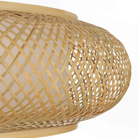 Close-up of Vintage Drum Shape Bamboo Ceiling Light Flush Mount Handwoven Weave Handmade Farmhouse Style Lighting 40cm Wide.