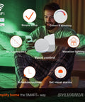 Man lounging with Smart LED Bulb With Bluetooth Mesh RGBW Full Color And Adjustable White A19 60W Equivalent E26 Base Works With Alexa And Google Home 4 Pack 2022 Model No Hub Needed, showcasing features.