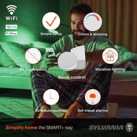 Man lounging with Smart LED Bulb With Bluetooth Mesh RGBW Full Color And Adjustable White A19 60W Equivalent E26 Base Works With Alexa And Google Home 4 Pack 2022 Model No Hub Needed, showcasing features.