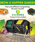 Dual Chamber Compost Tumbler With 2 Sliding Doors About 55 Gallons Total Easy Turn System in garden setting