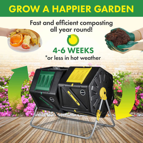 Dual Chamber Compost Tumbler With 2 Sliding Doors About 55 Gallons Total Easy Turn System in garden setting