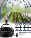 65 Feet Greenhouse Watering System With Adjustable Misting Nozzles, Quick Connect Two Way Faucet Adapter, One Quarter Inch Tubing, Automatic Plant Mist Irrigation Kit For Greenhouses, Patios, And Indoor Gardens showcased with parts and tubing in a greenhouse setup.