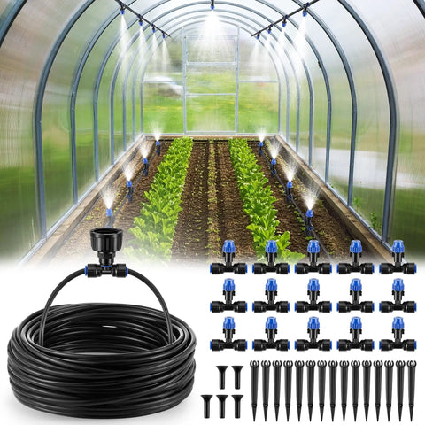 65 Feet Greenhouse Watering System With Adjustable Misting Nozzles, Quick Connect Two Way Faucet Adapter, One Quarter Inch Tubing, Automatic Plant Mist Irrigation Kit For Greenhouses, Patios, And Indoor Gardens showcased with parts and tubing in a greenhouse setup.