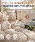 Beige cushion with water droplets showcasing durability features: water resistant, UV proof, fade resistant.