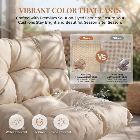 Beige cushion with water droplets showcasing durability features: water resistant, UV proof, fade resistant.