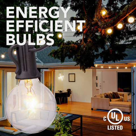 Energy-efficient bulbs of 100 Ft Clear Globe G40 Outdoor String Lights on Black Cord with Bendable Easy Install Bulbs for Backyard