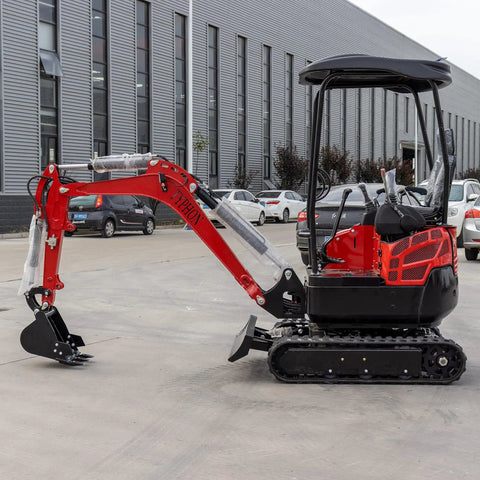 Compact 4,000 Lb Terror XVIII Mini Excavator Diesel Machine parked on concrete, showcasing bucket and arm for digging in gardens and farms.