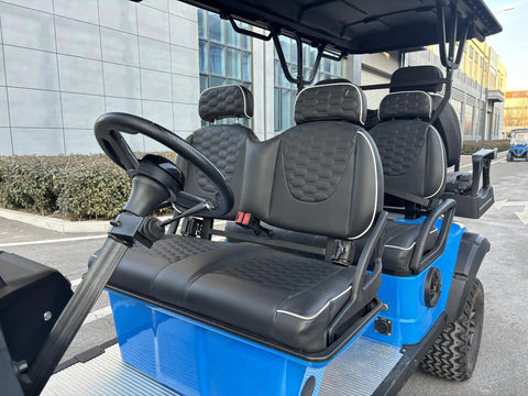 Smooth Operator Six Passenger Electric Golf Cart With Custom Paint Jobs 48V 105ah Lithium Battery 4kw Motor Front Disc Brakes Easy Cruise Control And Large Touchscreen seats and steering wheel