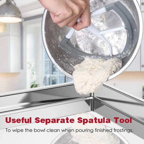 Flex Edge Beater For 6 Qt Bowl-Lift Stand Mixer With Double Silicone Edge in use, scraping dough from bowl