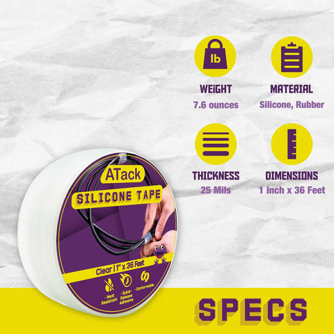 Self Fusing Silicone Tape 1 Inch By 36 Foot Crystal Clear Waterproof Weatherproof Quick Fix Seal Wrap For Hose Pipe Plumbing Emergency Repair 25 Mil DIY Ready For Automotive Marine Outdoor Indoor Use packaging with specs