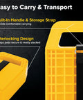 Yellow RV Stabilizing Jack Pads with interlocking design, built-in handle, and strap for easy storage on solid ground surfaces
