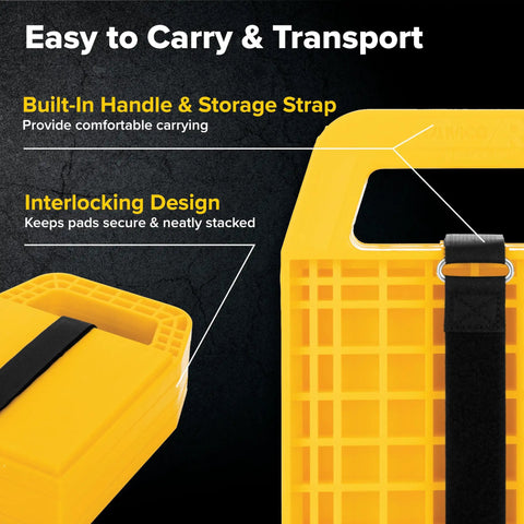 Yellow RV Stabilizing Jack Pads with interlocking design, built-in handle, and strap for easy storage on solid ground surfaces