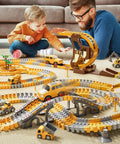 Child playing with Awesome Construction Race Track Playset With 299 Pieces Of Flexible Track System Includes Race Cars Mini Trucks